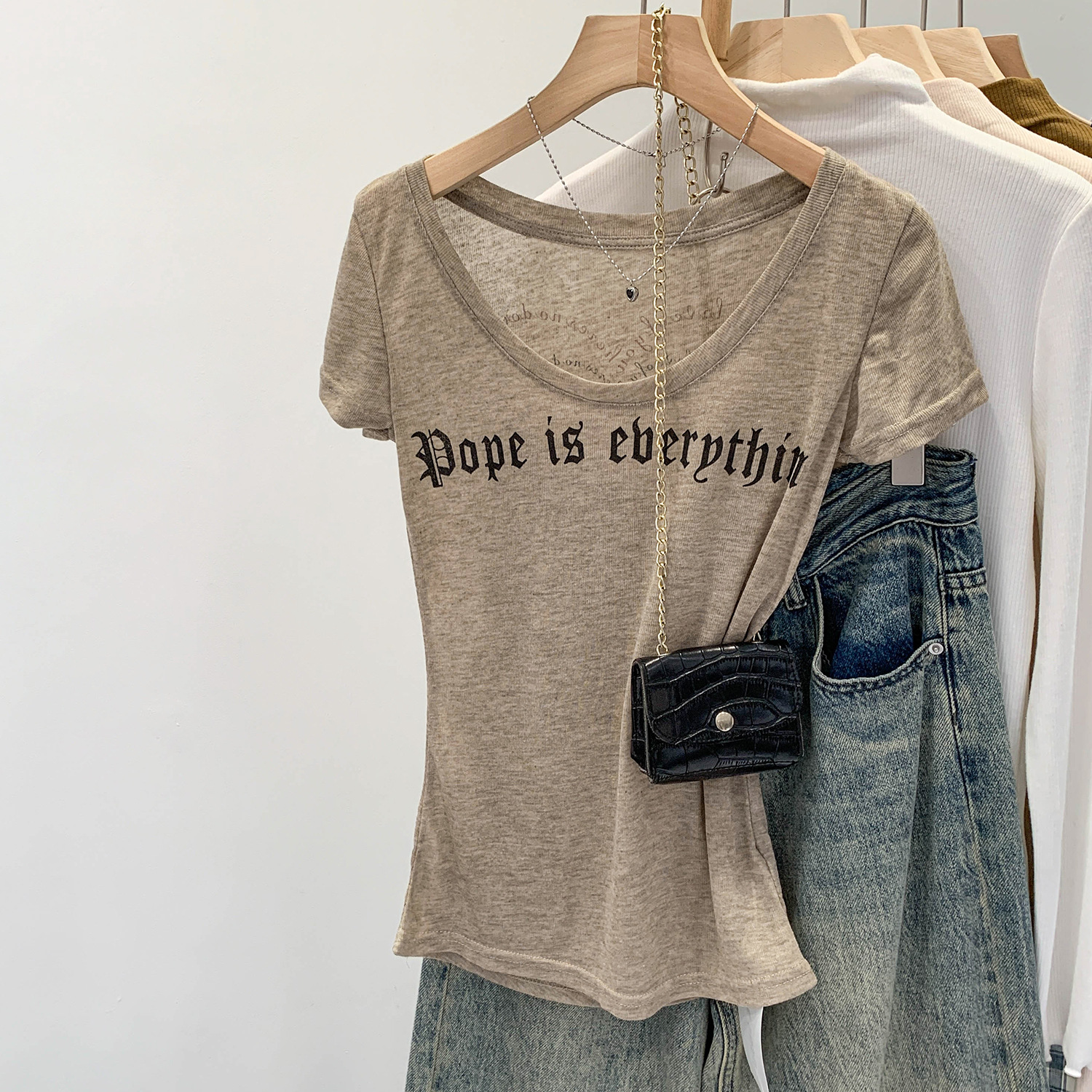 Lyocell Tencel Wool American Retro Letter Print Slim Short-Sleeved T-Shirt for Women 2025 New Sexy Top