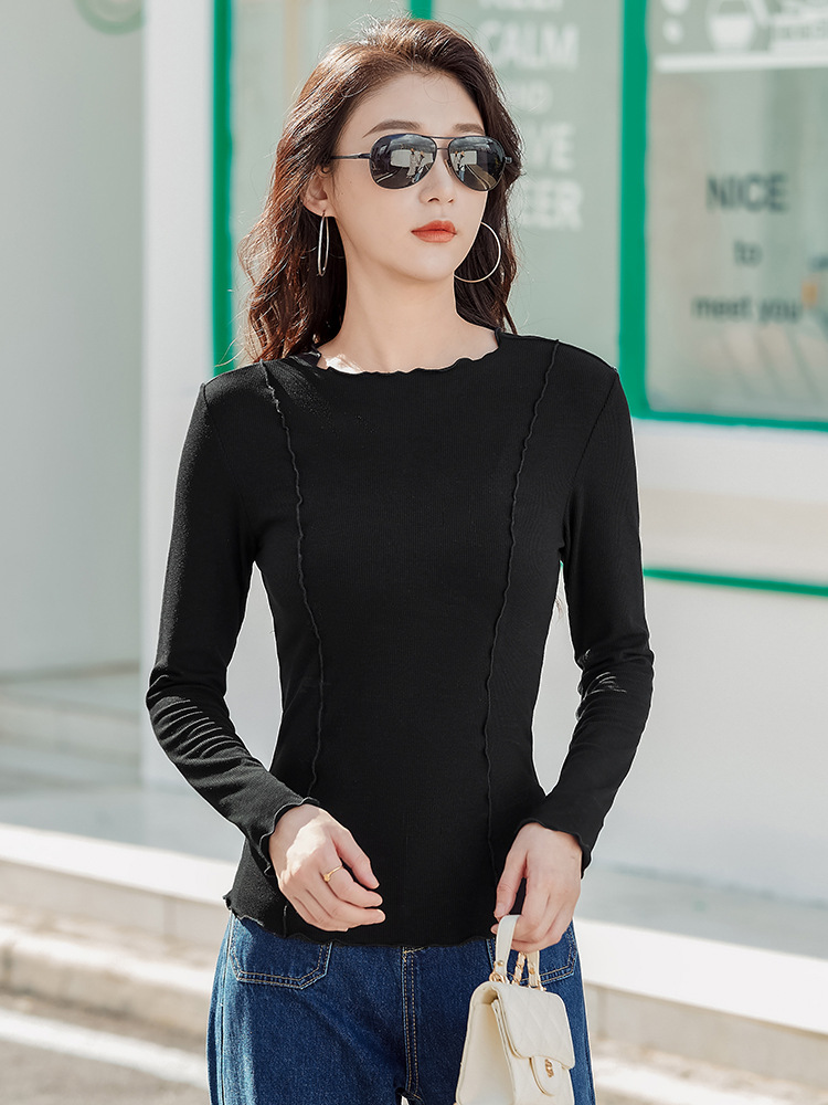 Clearance Spring Long-Sleeve T-Shirt for Women, High Elasticity, Comfortable, Ruffled Edge, Elegant, Slim-Fit Korean Style Base Shirt, Trendy 186-1