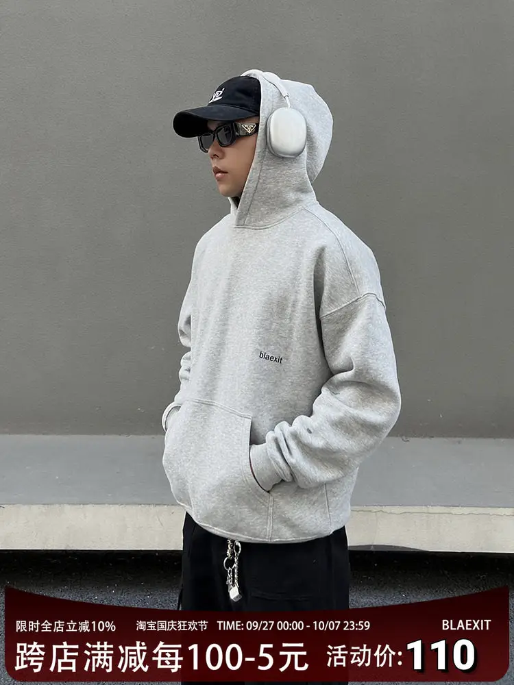 BLAEXIT short clean fit hoodie jacket boxy silhouette zipper flower gray plus velvet print hoodie