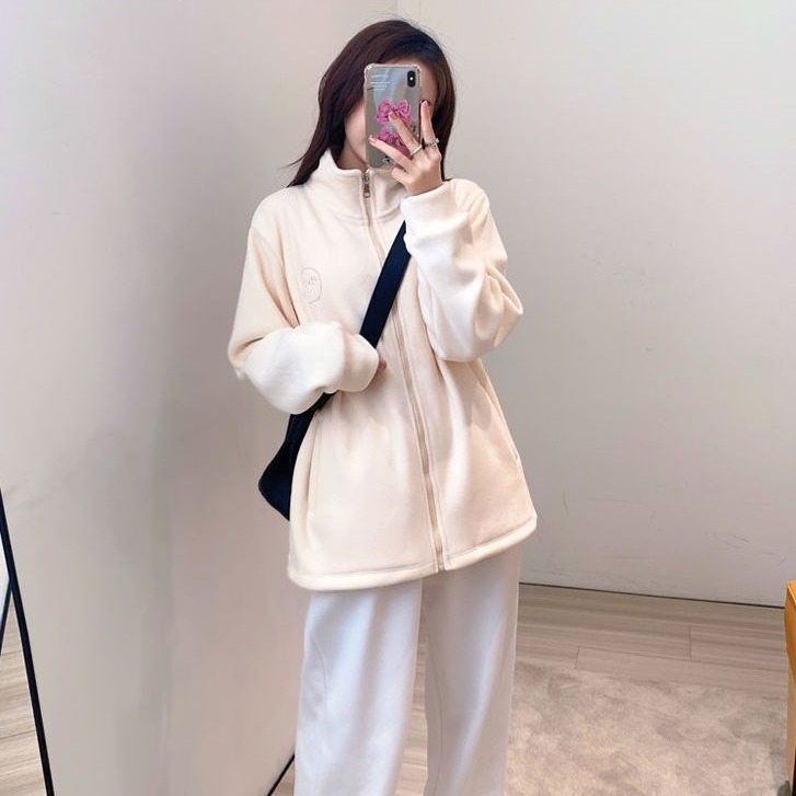 Milk Huhu polar fleece coat for women autumn and winter New loose lamb wool thickened sweater stand collar small top