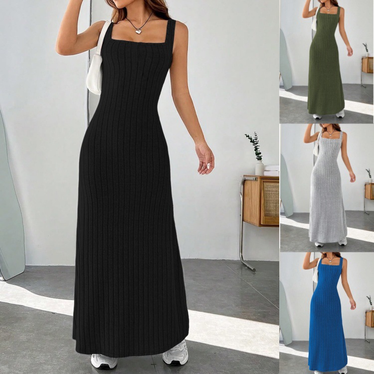 2024 New Solid Color Pit Scrub Sling Sling Casual Style Dress Women's Long Dress