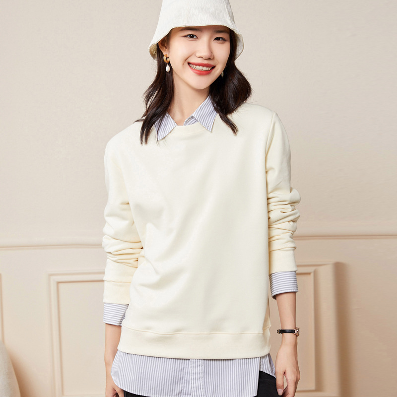 Pure Cotton Round Neck Pullover Sweatshirt for Women, Loose Large Size, Solid Color, Long Sleeve, Spring and Autumn Wear, Sports Top, Casual Style