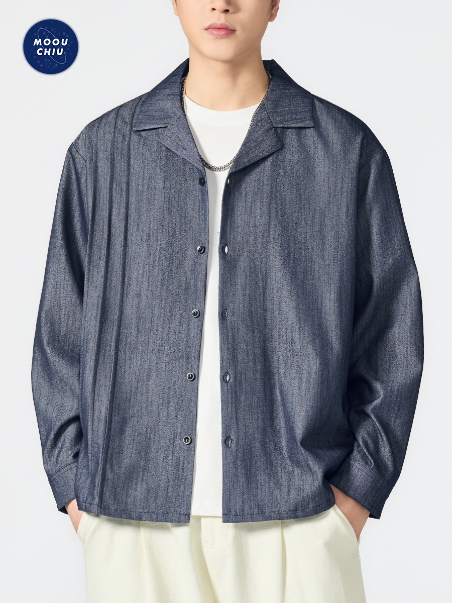 Muqiu Men's Wear | Old Money Style Cuban Collar Denim Shirt Men's Vacation Casual Loose Long Sleeve Shirt
