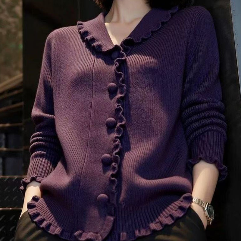 Women's Sweater 2026 Spring/Summer New Stylish and Elegant Casual Ruffle Design V-Neck Long-Sleeve Knitted Cardigan