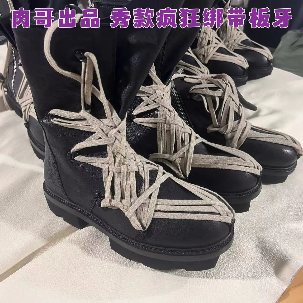 Oinck Owem Produced Megelace Screw Die Shoes Crazy Lace-up Thick Sole Black Zipper Mid Boots Dark Black