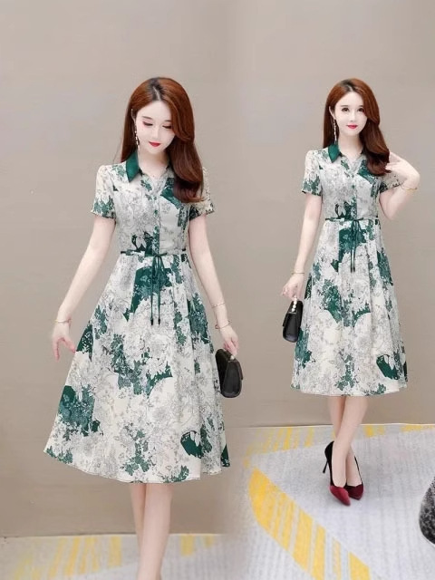 Noble and foreign-style printed dress women's 2025 summer new waist slimming explosion goddess style lace-up A- line skirt