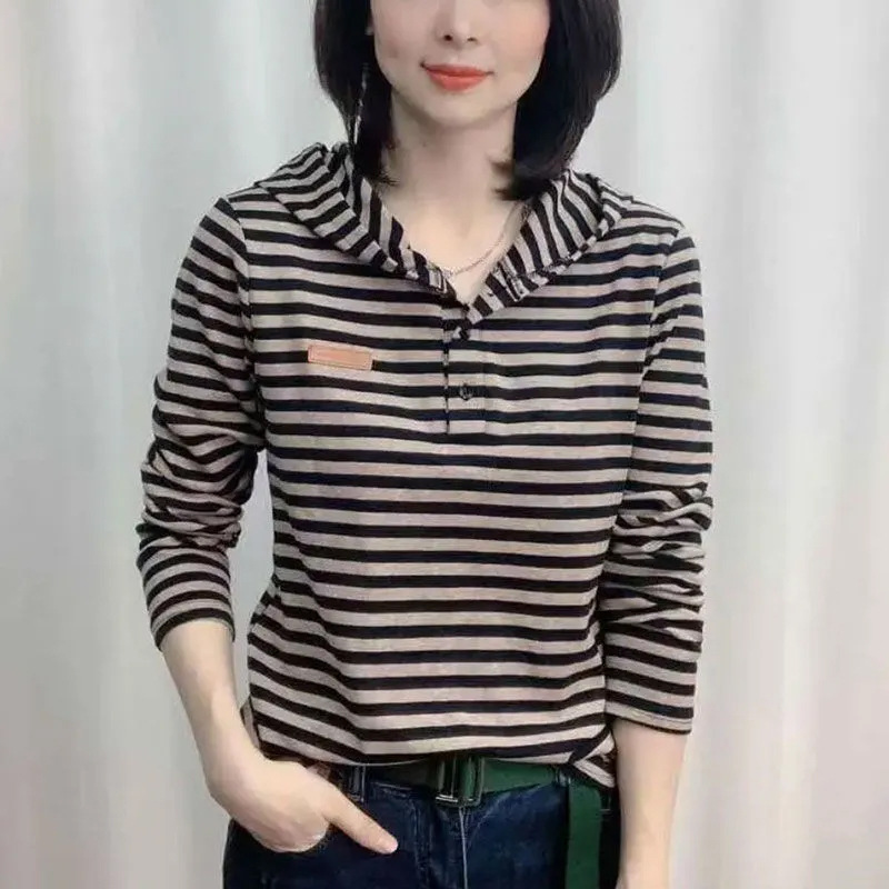 Fashion Stripesd Hooded Long-Sleeved T-Shirt 2025 Spring & Fall New Versatile Plus Size Women's Slim Literary Retro Top
