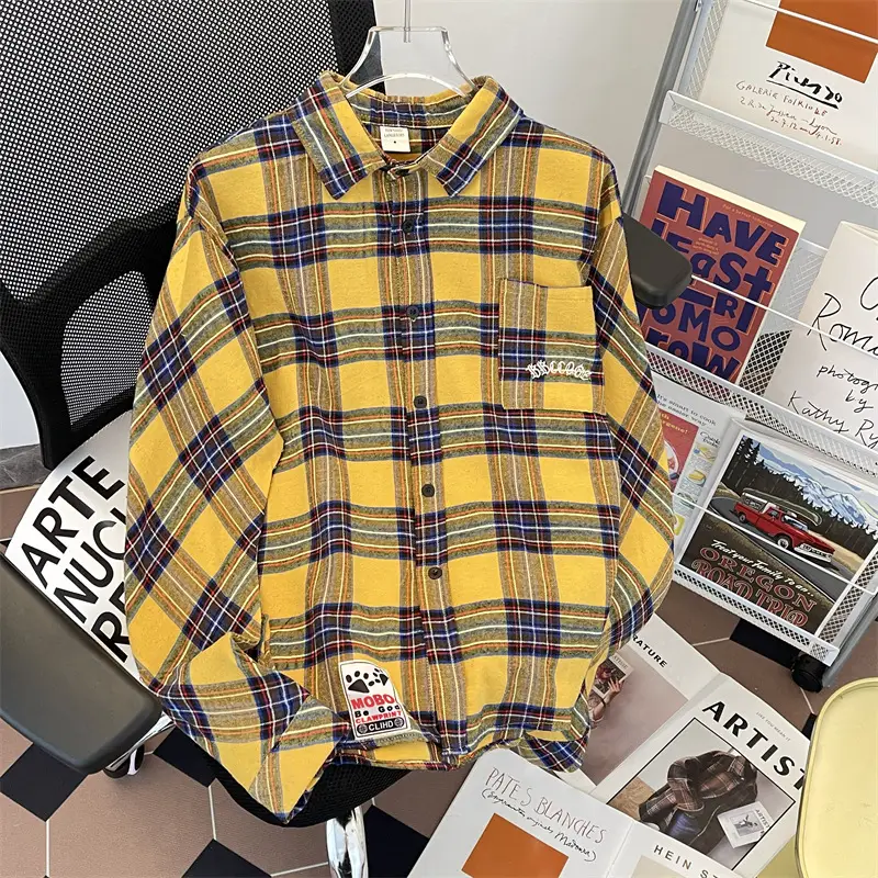 Hong Kong Style CEC Yellow Plaid Shirt Men's 2024 New Japanese Casual Top for Couple Fashionable Brand Loose Jacket Autumn