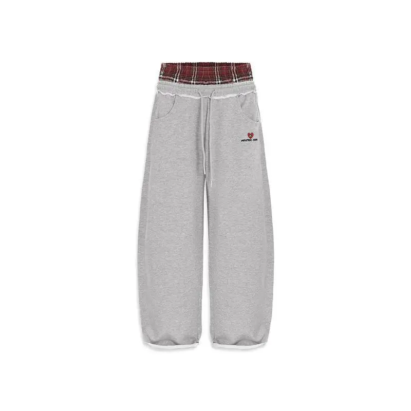 European and American Cross-Border Retro Striped Embroidered Sports Casual Pants Unisex Double Waistband Faux Two-Piece Loose Sweatpants Trendy