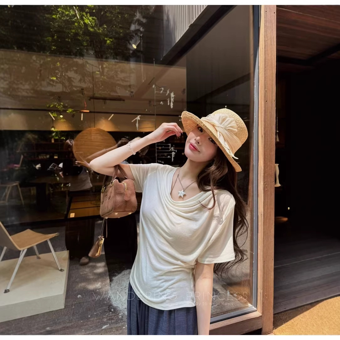 Summer New Style Lyocell Tencel Wool Blend Waist-Cinching Slimming Look Turtleneck Short-Sleeved T-Shirt Women's Casual Loose Top