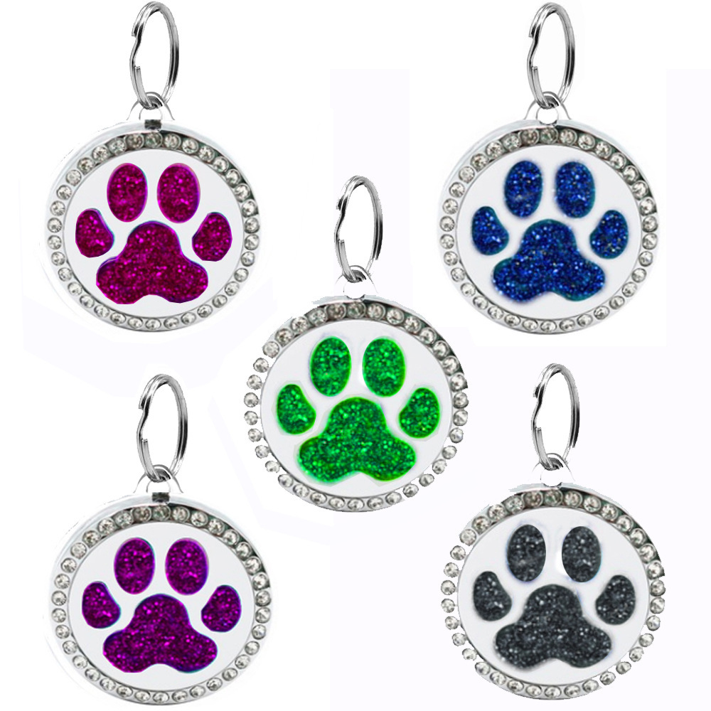 Cross-Border New Pet Supplies Round Rhinestone Cat Paw Print Dog Tag Engraved Collar Pendant Jewelry Nameplate