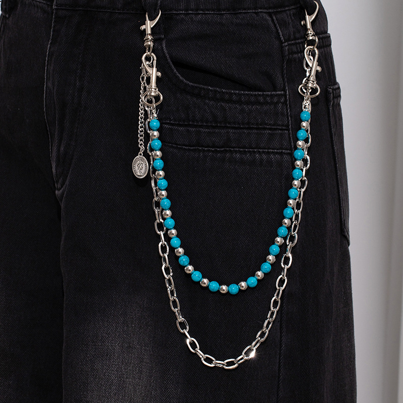 Men's and Women's Punk Hip-Hop Cargo Pants Accessories, Double-Layer Detachable Set, Jeans Chain, Colorful Black Pattern Beaded Waist Decoration