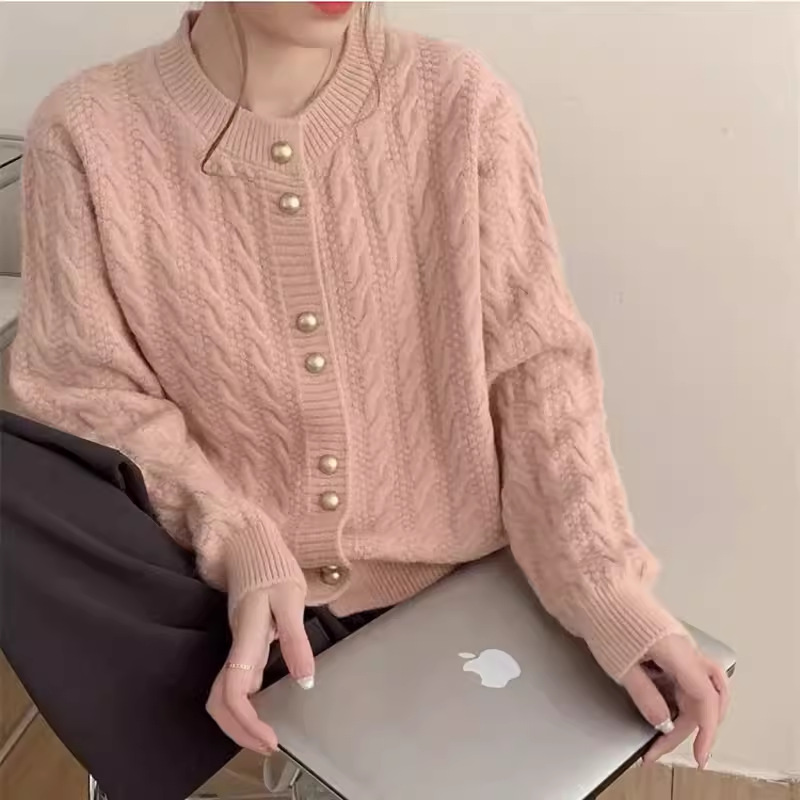 Spring and Autumn Round Neck Twist Solid Color Long-sleeved Top Loose All-match Fashionable Sweater Cardigan Jacket Sweater Trendy Knitted