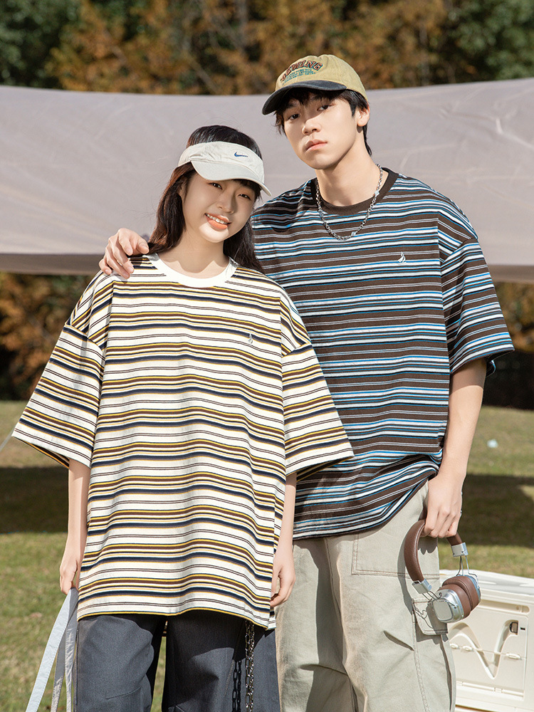 Japanese Style Retro Casual Embroidered Design Short-sleeved T-shirt for Men and Women Summer New Loose Couple Color Contrast Striped T-shirt