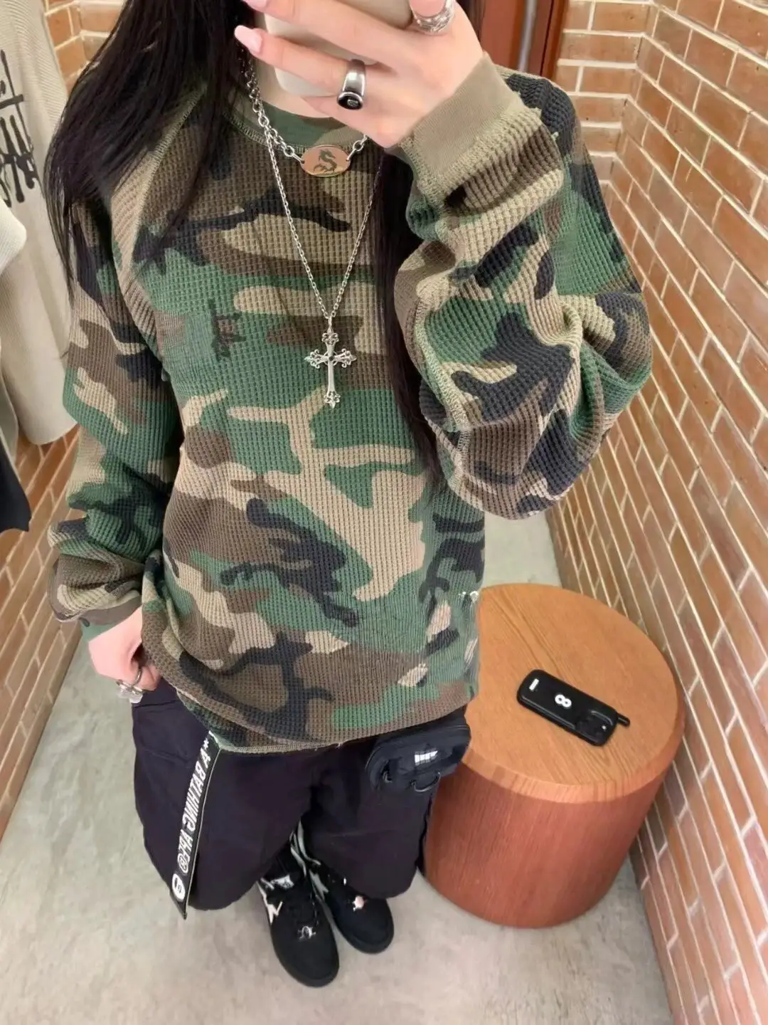 South Oil Quality STU Letter Print Waffle Camouflage Long Sleeve Sweatshirt Women's Fall New Loose Pullover Top