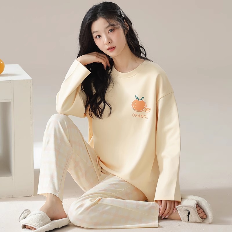 Spring and Autumn New Style Pure Cotton Pajamas for Women, Fresh and Simple Plaid Long-Sleeved Long Pants, Loose Casual Home Wear Set