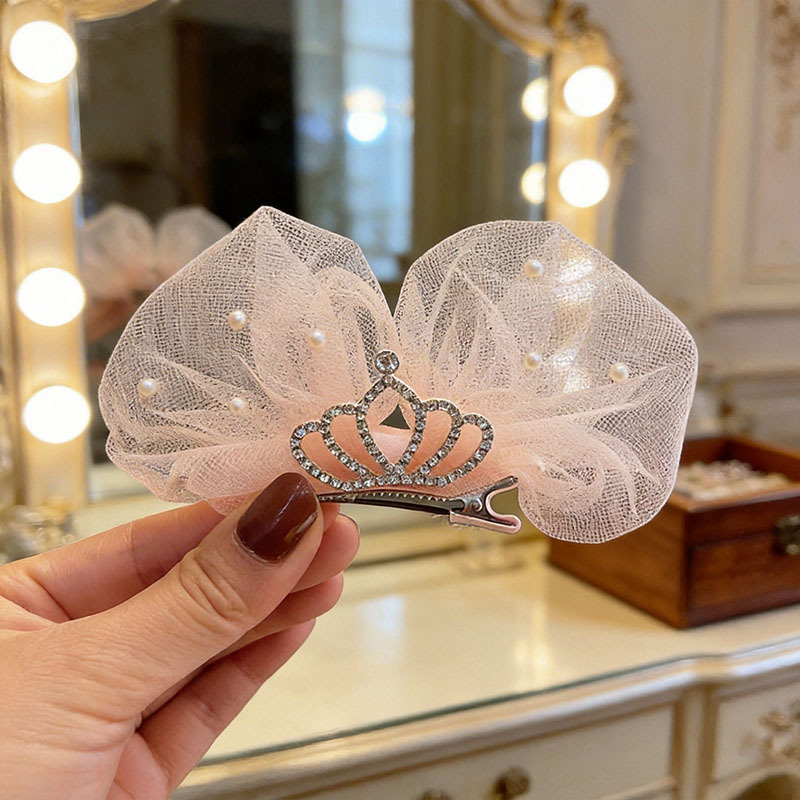 Summer Hair accessories children's cute Crown bow hairpin Princess Super fairy mesh Pearl top clip DIY hairpin