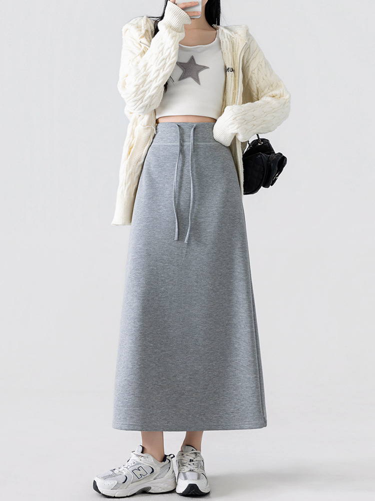 Gray Sports Skirt for Women, New Spring and Summer Style, High-Waisted Straight-Cut Slit A-Line Skirt with a Draping Effect, Long Skirt