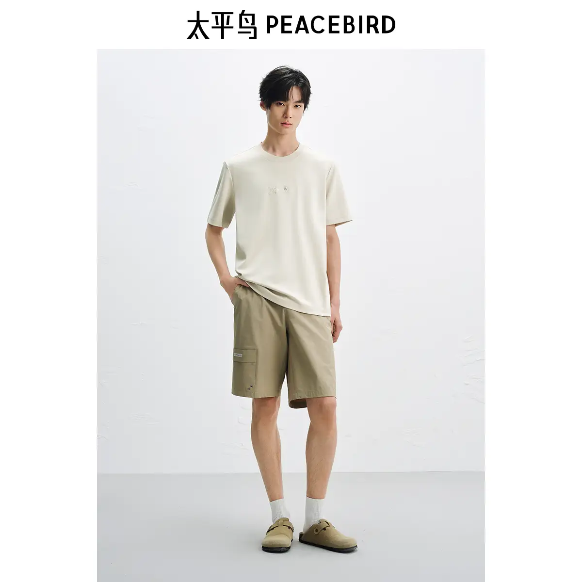 [for Exchange Use Only] Peacebird Printing and Embroidery Craft T-Shirt / Dark Pattern Full Print T-Shirt / Textured Stretch Mid-Pants