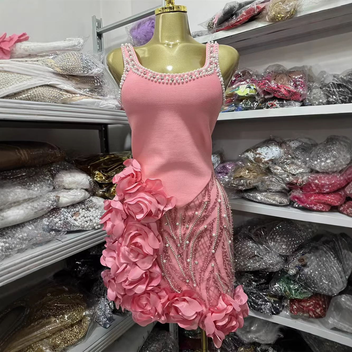 Purely Sweet and Alluring Pink Three-Dimensional Petal Patchwork Camisole Dress with Diamond Embellishments, Stunning Design, Waist-Cinching Short Dress