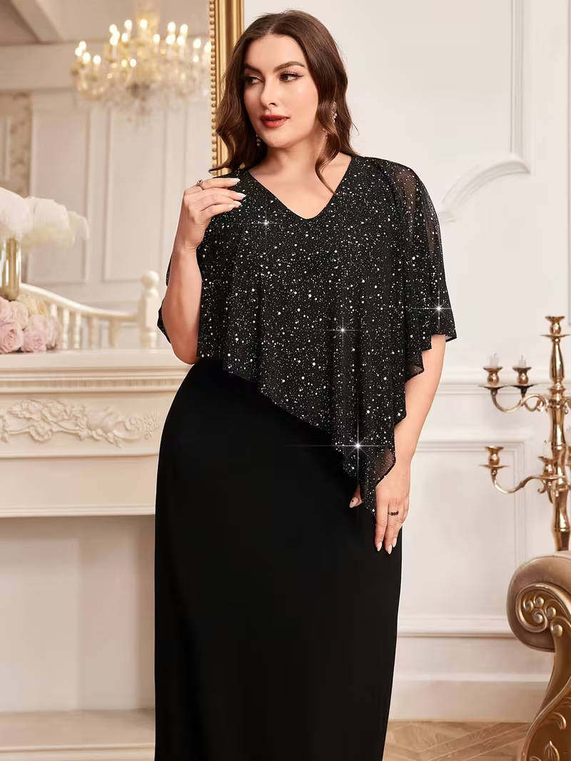 2026 New Cross-Border Amazon Plus-Size Women's Fashion Elegant V-Neck Waist-Cinching Batwing Sleeve Long Dress