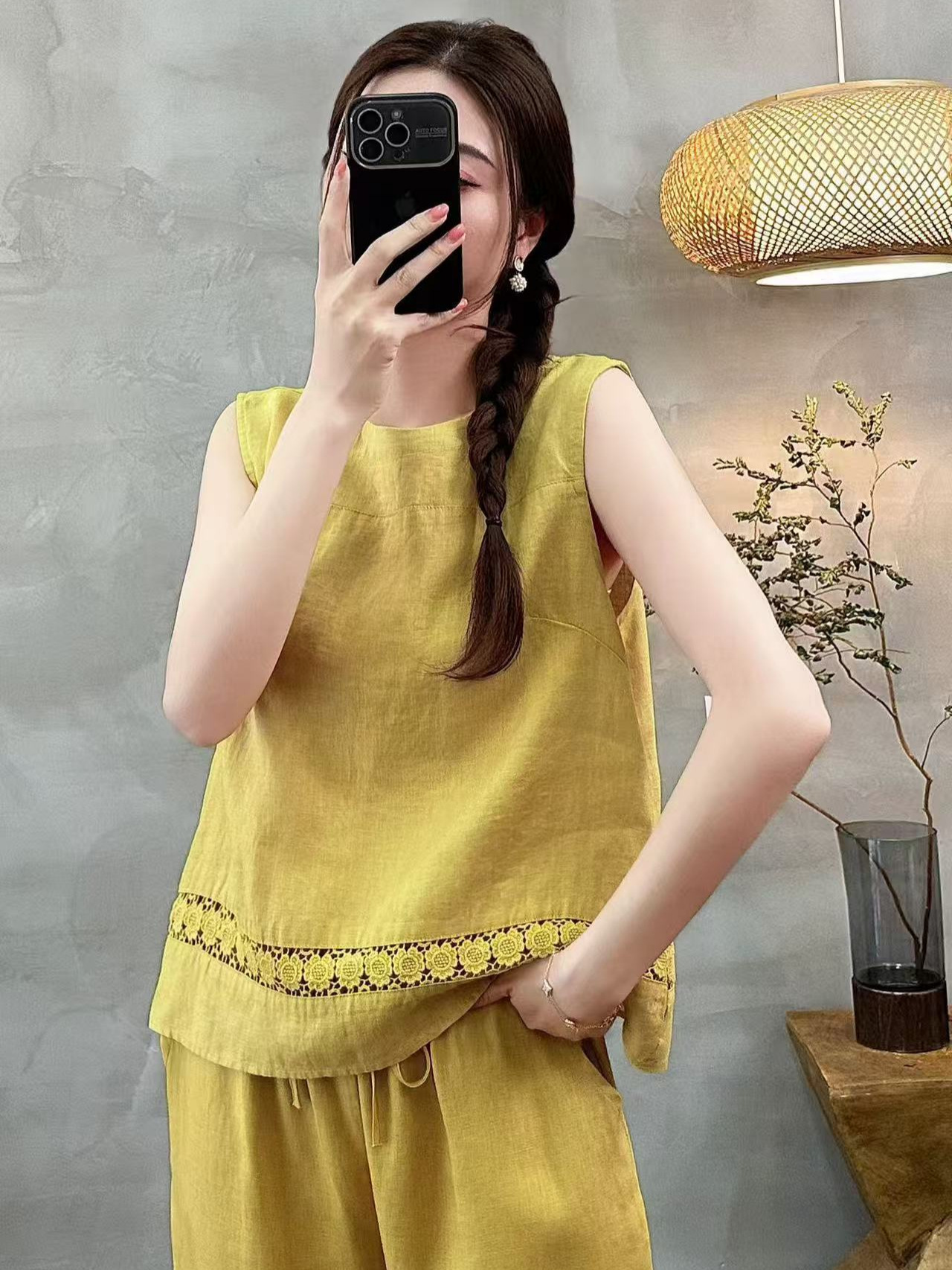 26 Summer Style Sleeveless Cropped Pants Pure Linen Set New Lace Trim Set Loose Korean Style