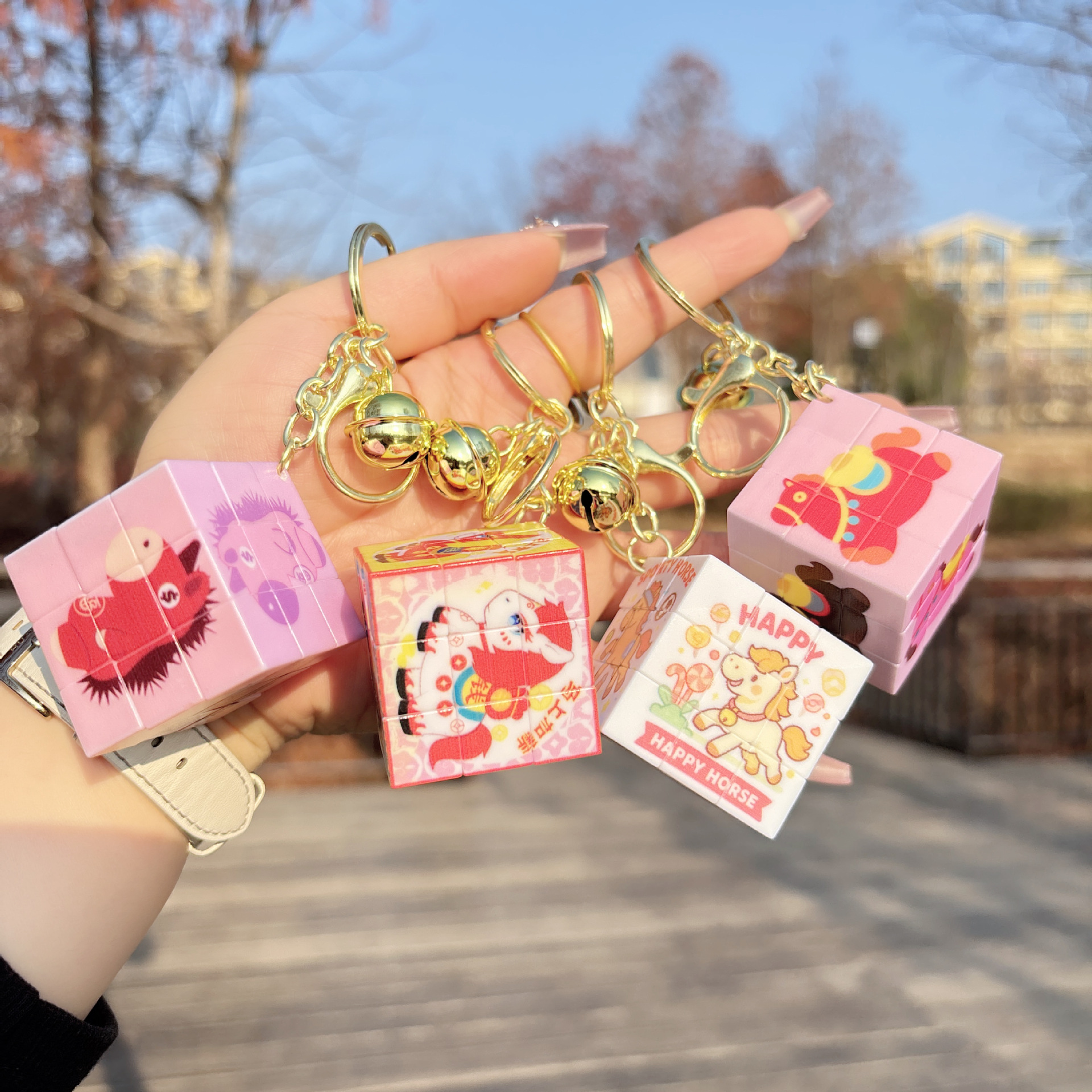 Creative Cartoon New Year Pony Rubik's Cube Keychain, Chinese Style Fortune Pony 3X3 Rubik's Cube Bag Charm