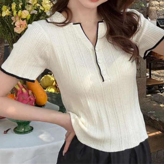Apricot Color Polo Collar Knitted Short-Sleeved T-Shirt for Women, New Summer Style, Simple Contrasting Color Lapel Top