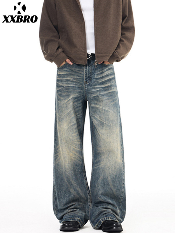 Muxi Clothing # American High Street Retro Distressed Trendy Brand Cleanfit Straight-Leg Versatile Men's Jeans