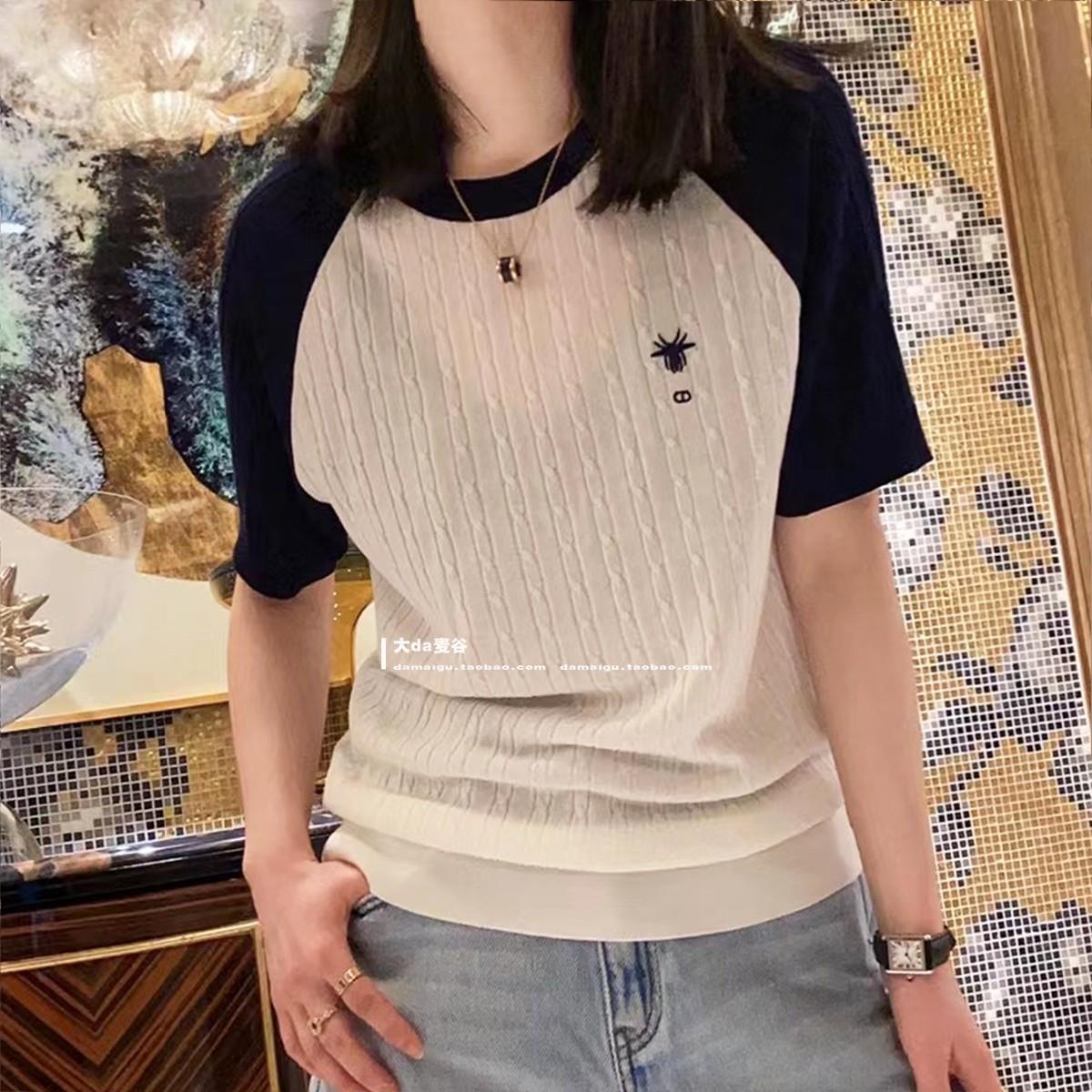 Worsted wool embroidery bee twist texture thin wool knitted short sleeve T-shirt women's color matching raglan sleeves