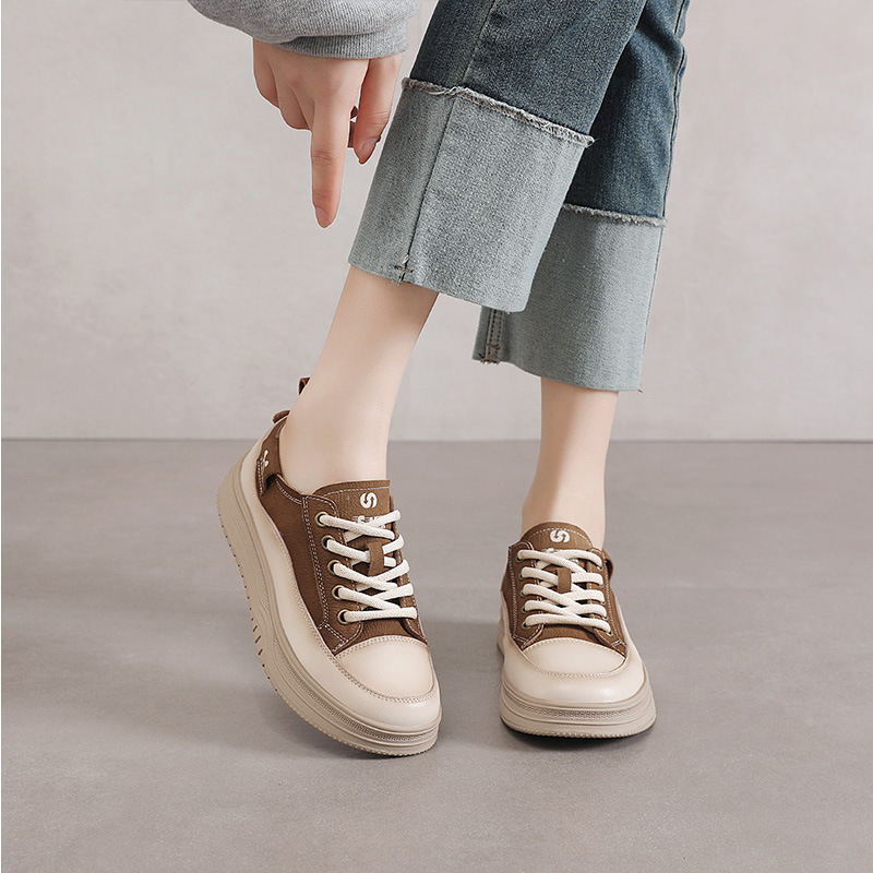 First-Layer Cowhide Comfortable Thick-Soled Versatile White Shoes for Women 2025 Spring New Soft-Soled Soft-Surface Casual Sports Sneakers