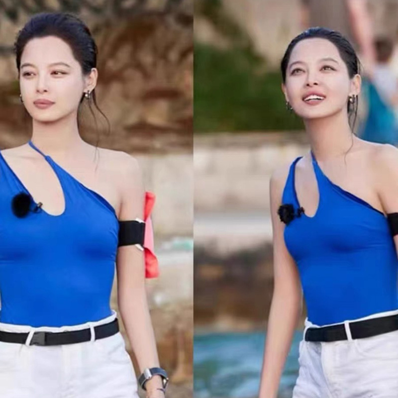 Xinzhilei same style royal blue goddess White tight slimming triangle cross-border European and American one-shoulder hollow one-piece swimsuit