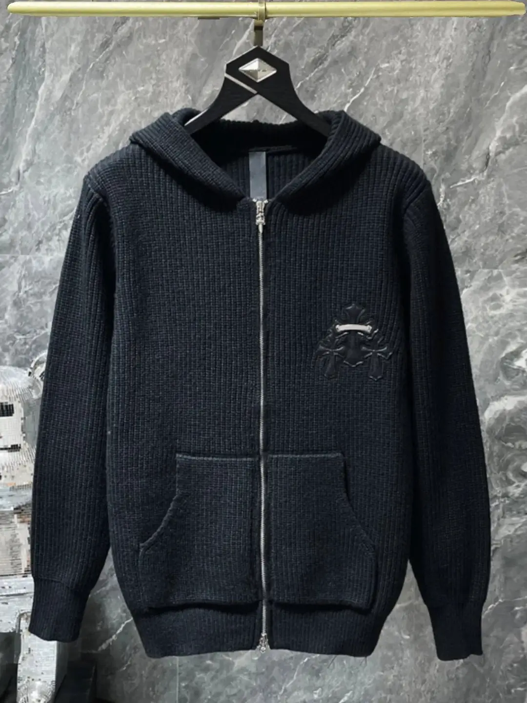 Autumn Winter New Arrival Unisex Embroidered Cross Hoodie Sweater Knitted Cardigan, Streetwear Knit Jacket for Men