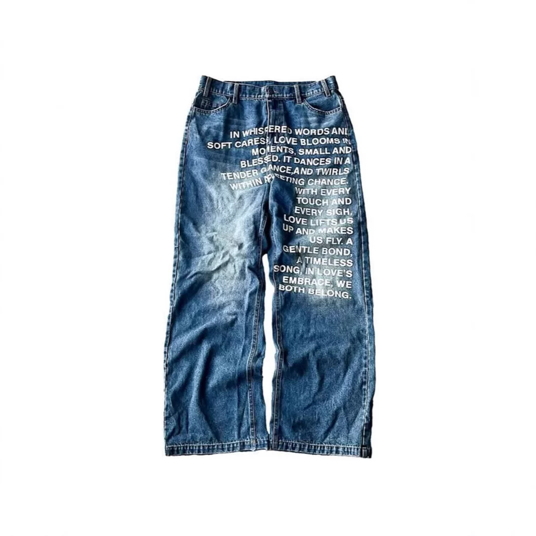 Hip hop jeans, European and American men's retro printed pattern letters, street gothic Harajuku hip-hop jeans