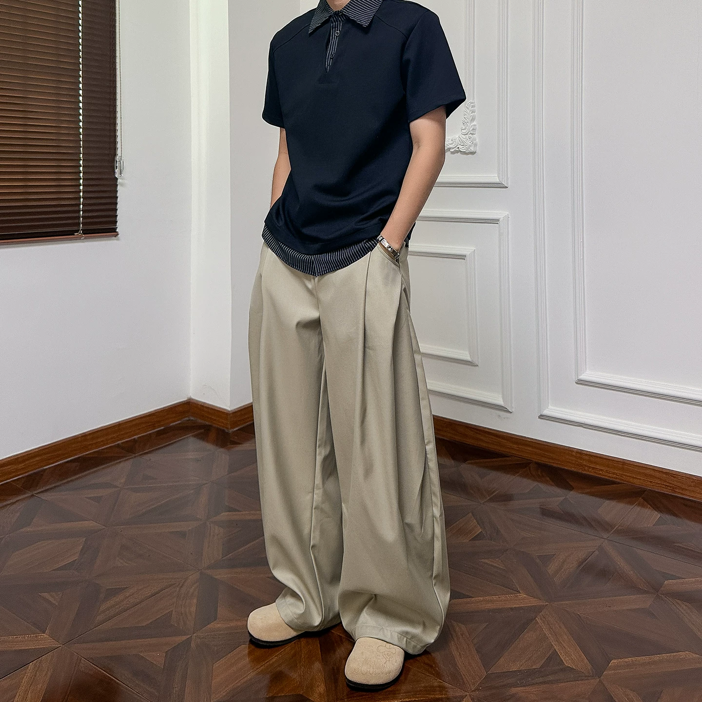 GRAYDREAMS Retro Commuting Pants for Men, Loose Wide Legs, Curved Knife Drop, Lazy Style, 2026 New Casual Pants