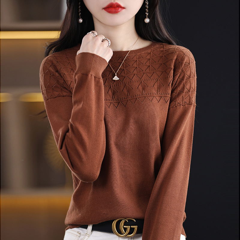 Women's cotton long-sleeved sweater 2024 Spring and Autumn new round neck thin hollow cotton knitted bottoming shirt top