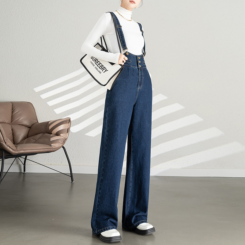 Women's Denim Overalls Spring Wide-Leg Loose Fit 2026 New High-Waisted Slimming Straight-Leg Youthful Petite Suspenders Pants