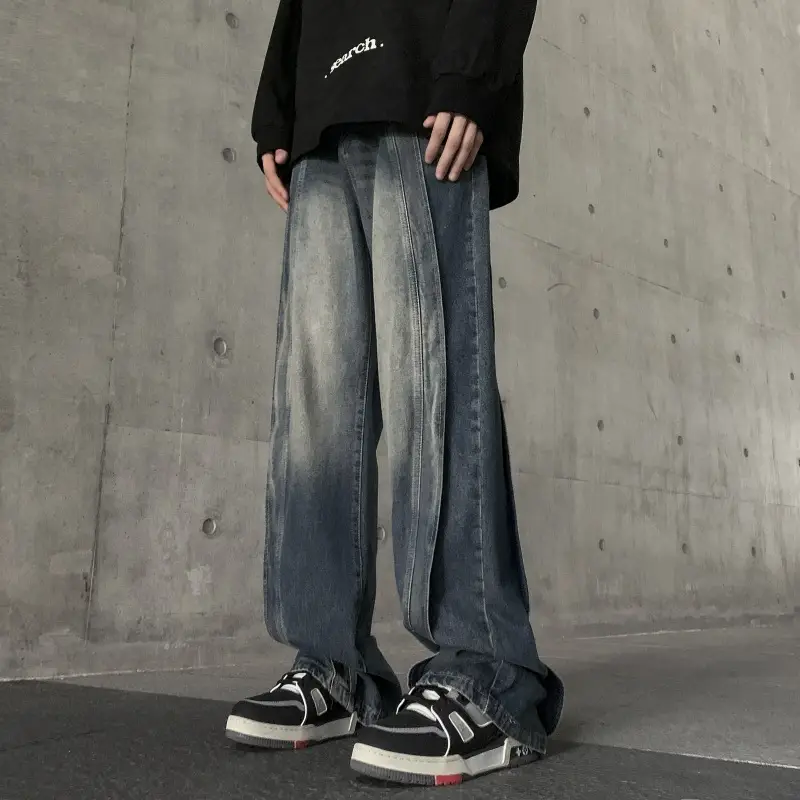 Jeans men's autumn American high street retro high-grade Ruan handsome stitching washed loose straight wide-leg trousers
