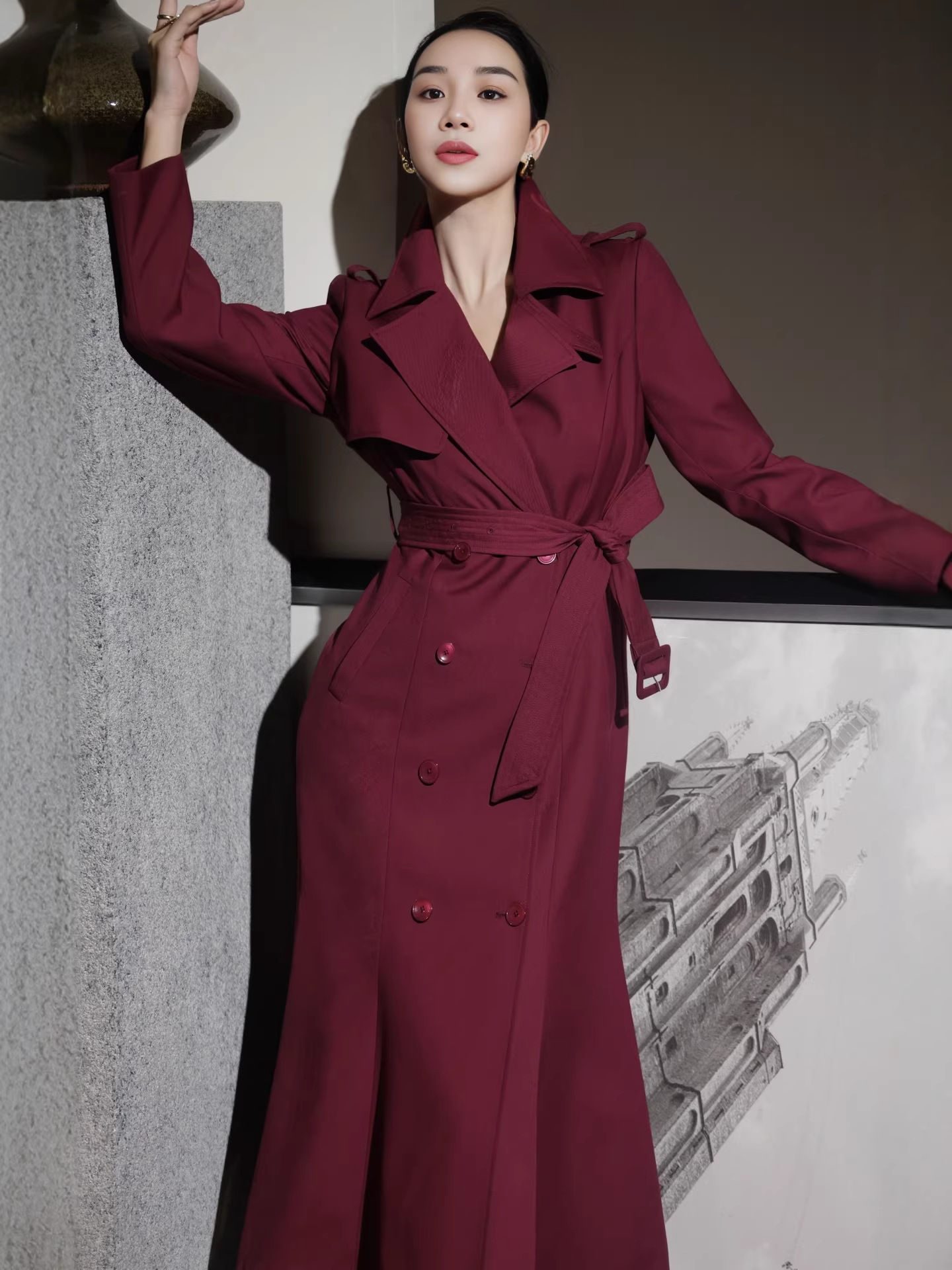 Vintage Commuter Double-Breasted Lapel Belted Waist-Fitted Fishtail Trench Dress for Women Fishtail Dress
