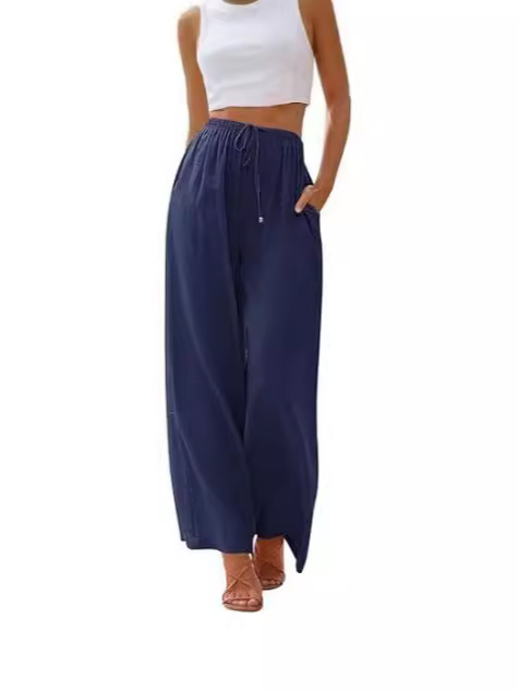 2026 Amazon Temu Aliexpress European and American Standard Size Women's Linen Loose Casual Pocket Drawstring Wide-Leg Pants for Women