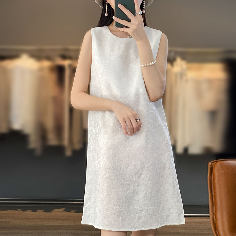 Chanel style round neck mid-length dress women's high waist artificial silk Mulberry silk sleeveless dress niche design skirt