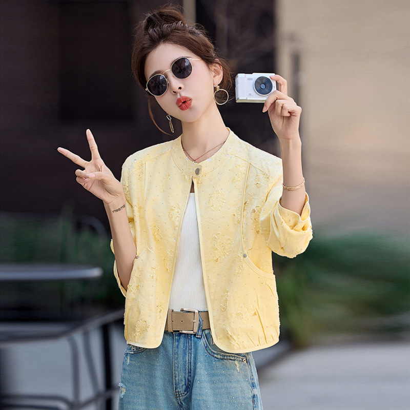 2026 Spring and Autumn Jacquard Jacket Women's Fashion Short Coat with Large Stand Collar, Loose Casual Baseball Jacket Top