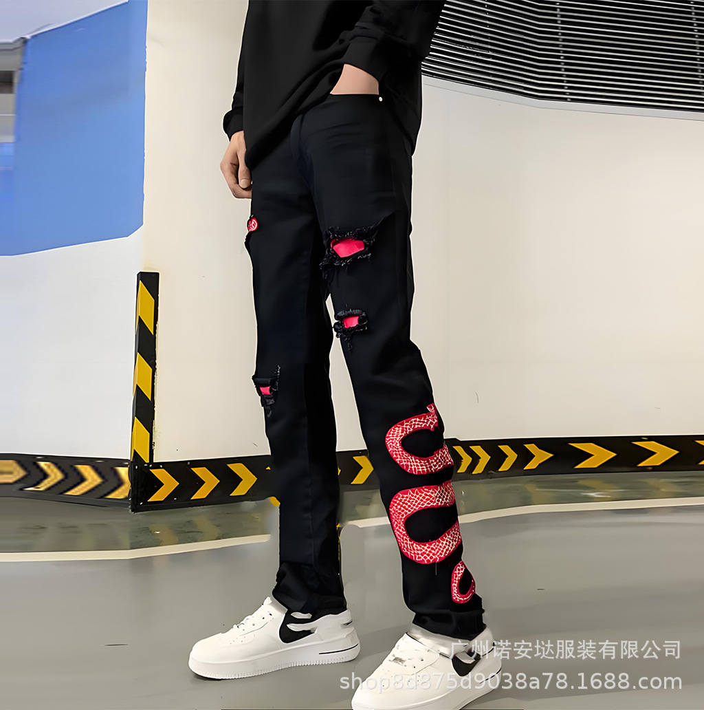 Wholesale European and American Trendy Brand Jeans with Embroidered Gold Snake Design, Men's Ripped Jeans with Snake Skin Patches, Cross-Border Men's Pants
