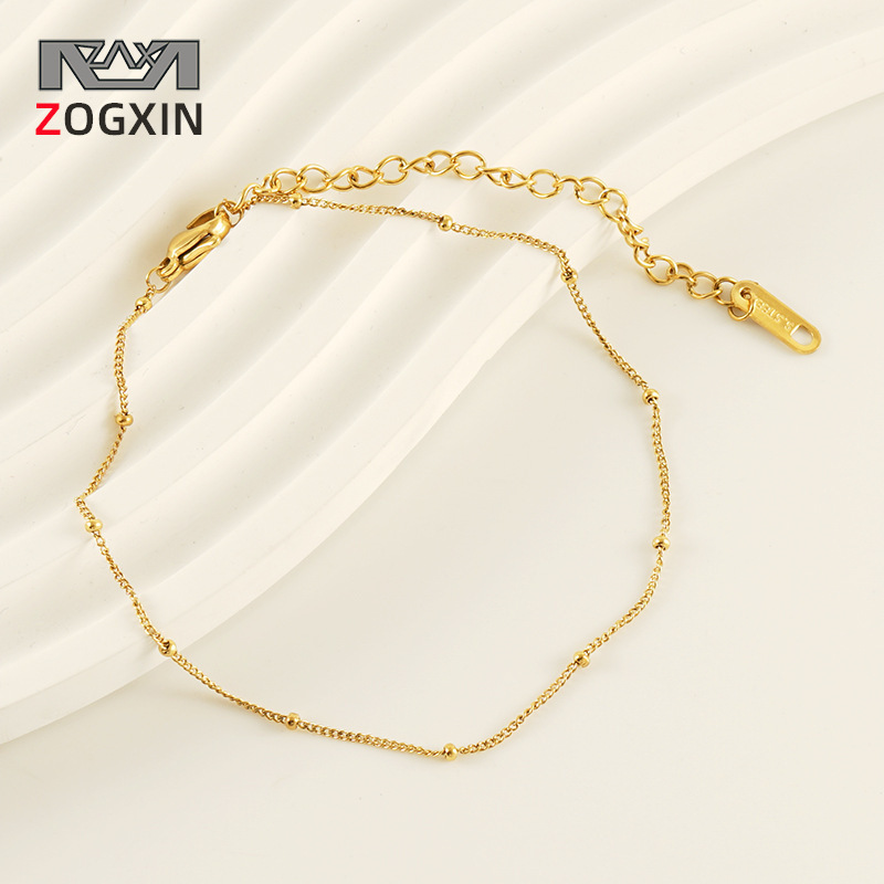 Cross-border Europe and the United States Simple Side Beaded Chain Anklet Stainless Steel 18K Gold Plated All-match Titanium Steel Anklet for Women