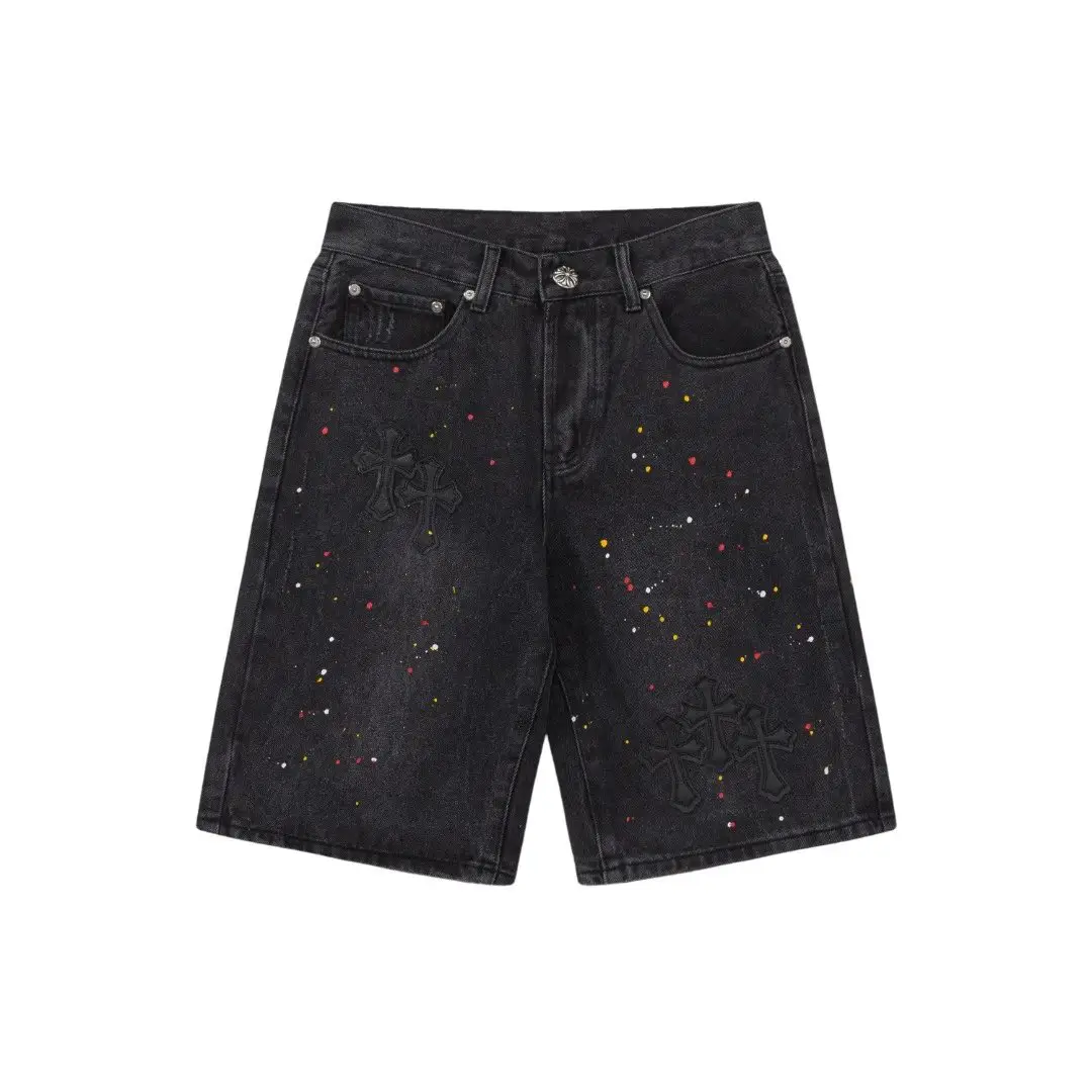 Summer 2025 New CH Crow Cross Embroidered Vintage Denim Shorts Unisex One-Piece Hair
