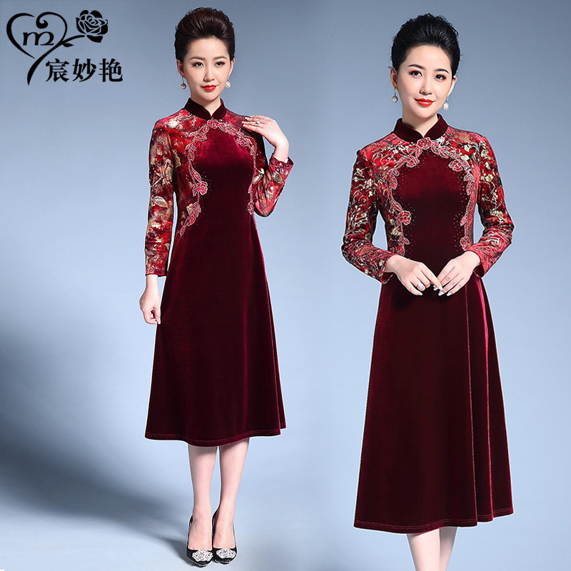 Gold velvet embroidered dress mother wedding dress banquet host evening dress fashion improved cheongsam wholesale