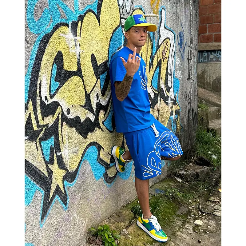 SYNAWORLD DRILL Style American Style Hip Hop Printed Short-sleeved T-shirt Shorts Men's Summer Fashion Brand suit
