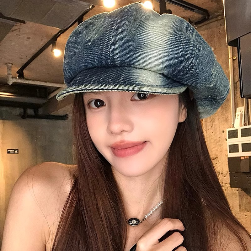 Japanese-Style Washed Vintage Denim Newsboy Cap for Women, Retro Large Head Circumference Beret, Face-Slimming Artist Newsboy Hat