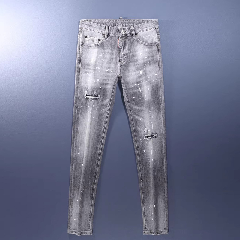 American High Street Fashion Ripped Jeans for Men, Trendy Distressed Gray Washed Paint-Printed Slim-Fit Skinny Pants