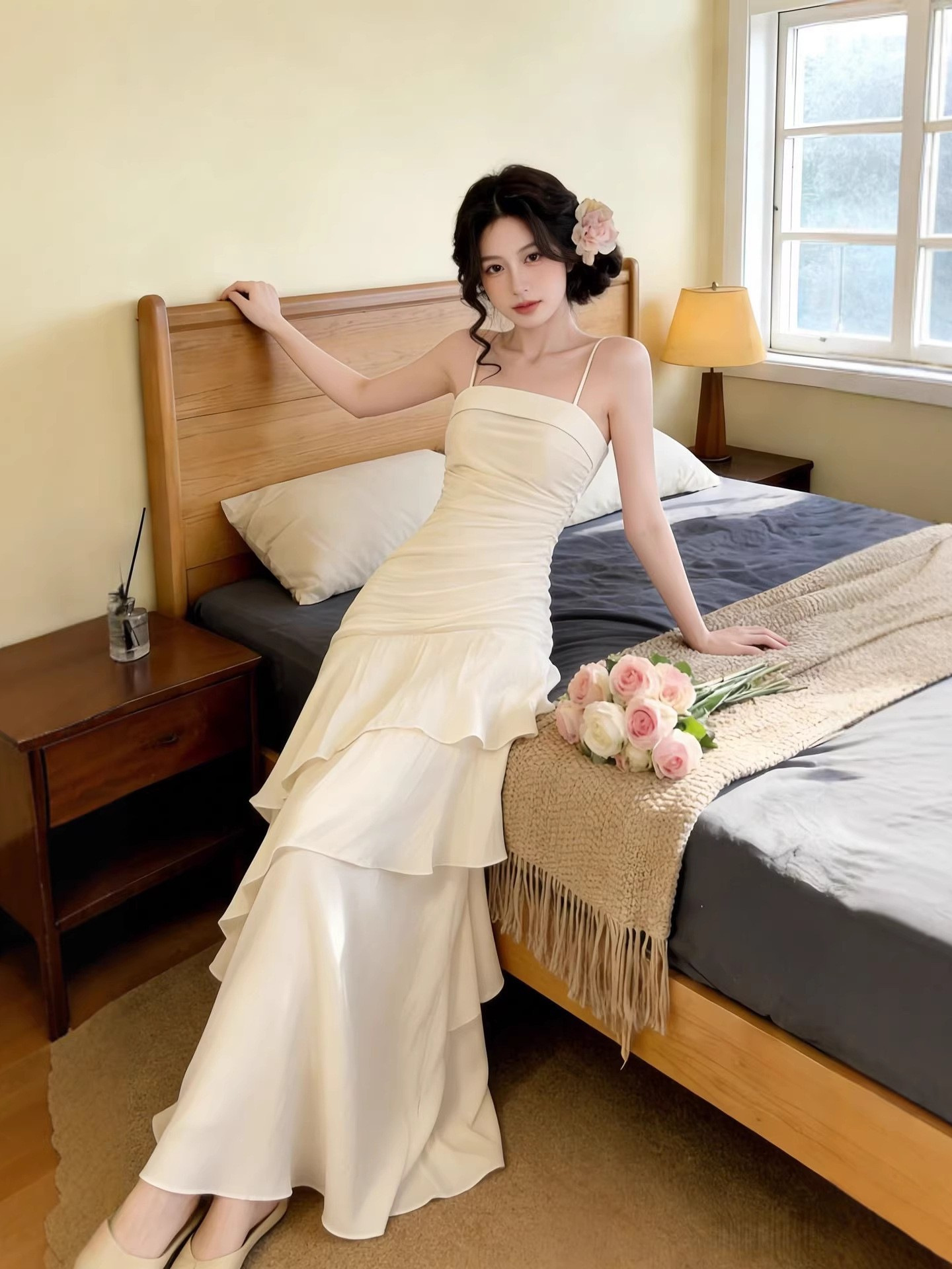 Champagne-Colored Spaghetti Strap Evening Dress, High-End 2026 New Model, Elegant for Banquets, Performances, Birthday Hosting, Bridesmaid, Graduation Gown
